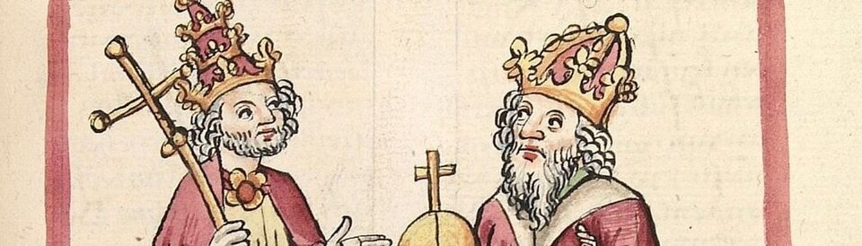 Pope and Emperor. Book painting created in Hagenau around 1460.