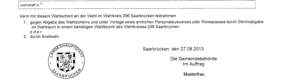 Wahlschein für die Wahl zum Deutschen Bundestag am 22.09.2013.