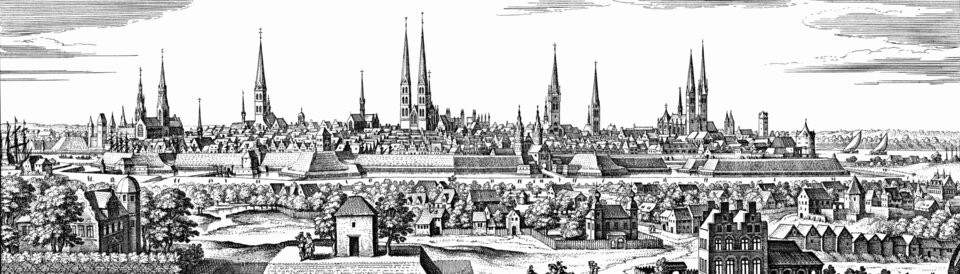 The Hanseatic city of Lübeck in the 17th century. Engraving by Matthäus Merian the Elder.