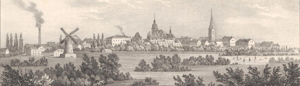 Lithographie der Stadt Krefeld aus dem Jahr 1842. Die Stadt ist seit dem 18. Jahrhundert berühmt für ihre Textilunternehmen und die Herstellung des fraglichen Objekts.