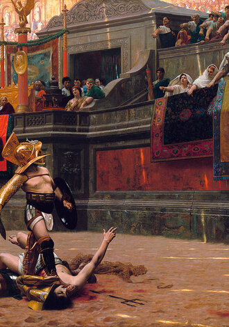 Pollice Verso („gedrehter Daumen“). Ölgemälde von Jean-Léon Gérôme aus dem Jahr 1872. Das Gemälde ist die Vorlage für den Hollywood-Mythos, wonach ein nach unten gedrehter Daumen den Wunsch des Publikums nach der Tötung des unterlegenen Gladiators ausdrücken soll. Für das volle Bild, klick bitte den nachfolgenden Link an.