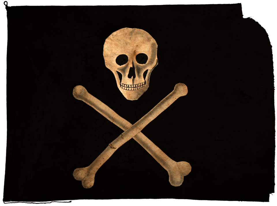 A pirate flag about 200 years old from the Åland Maritime Museum. It comes from the North African Mediterranean coast. The black of the historical flag is now completely faded. Shown here is a digitally reworked version. It is one of only two surviving pirate flags that are considered genuine.