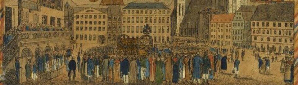 „Feierlicher Einzug des ersten Erndte-Wagens in Heilbronn“ aus dem Jahr 1817. Lithographie.