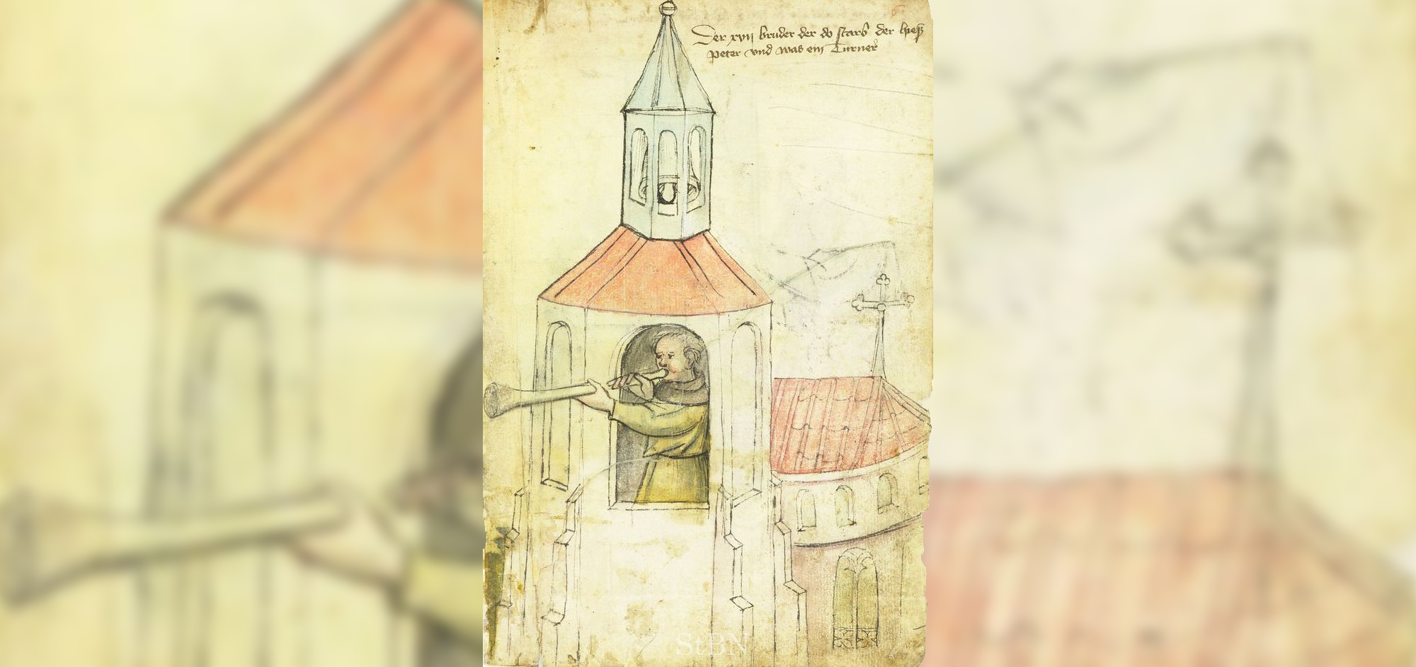 Auf geht's! Der Türmer namens Peter steht in der offenen Turmkammer und bläst mit der Busine das Stundensignal (um 1425).